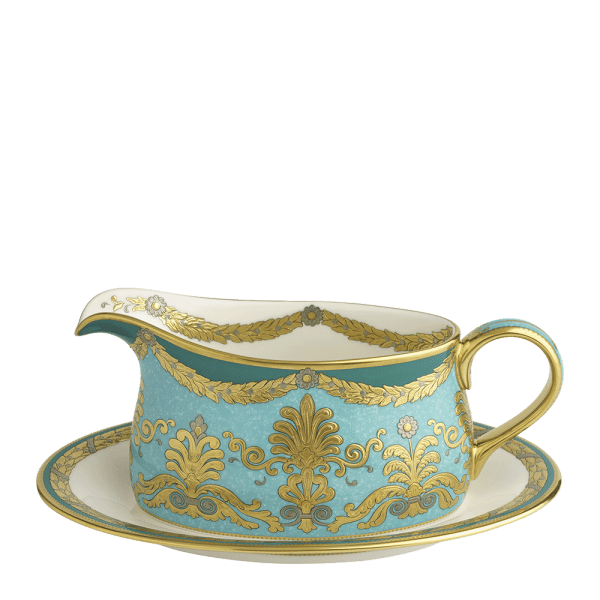 Turquoise Palace Green and Gold Fine Bone China Sauce Boat and Stand
